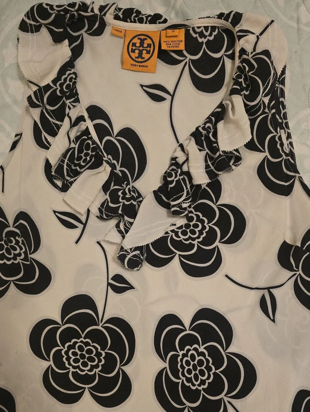 Tory Burch 100% Silk Black & White Floral Ruffle Sleeveless Top, Women's 10